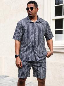 Manfinity Homme 2pcs Set Plus Size Men Geometric Print Short Sleeve Shirt + Shorts - Black and White - View 3