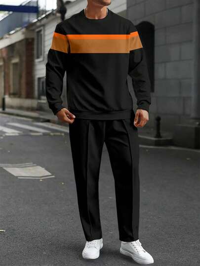 Manfinity Homme Manfinity 2pcs Men's Casual Contrast Color Crew Neck Sweatshirt And Drawstring Waist Sweatpants Set, Spring And Autumn, 2 Pieces Men's Casual Printed Contrast Drawstring Sweatshirt And Sweatpants Set, Spring And Autumn On INS