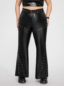 SHEIN ICON Pantalones acampanados de piel de poliuretano negra talla grande con estilo Y2k, pantalones acampanados con decoración de ojo de cerradura en la cintura plisada, estilo punk