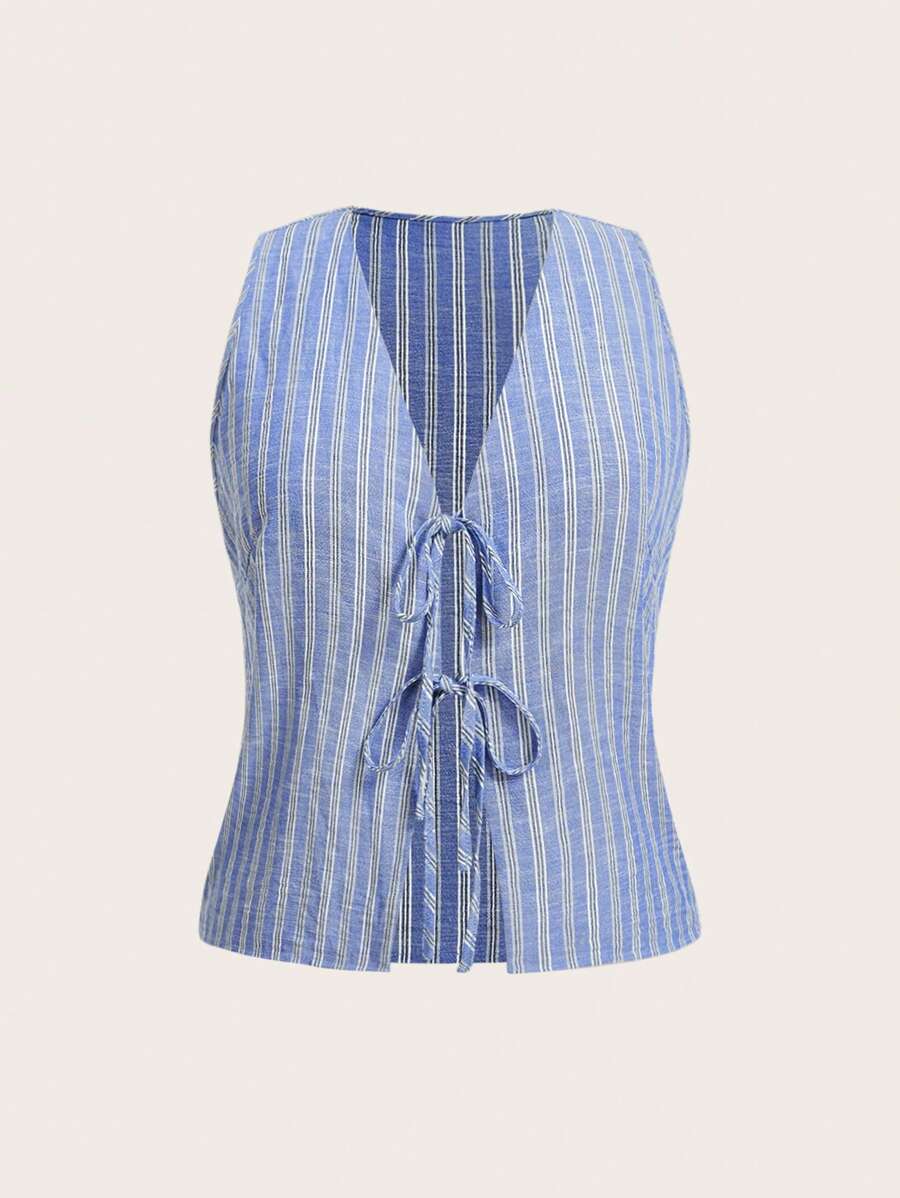 SHEIN EZwear Große Größen ärmelloses, gestreiftes Lässig-Hemd mit Vorder-Schleife, leicht für Frühling/Sommer