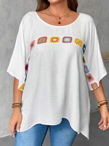 SHEIN LUNE Plus Size Women Casual Floral Pattern Crochet Patchwork Short Sleeve Round Neck Blouse - White - View 1
