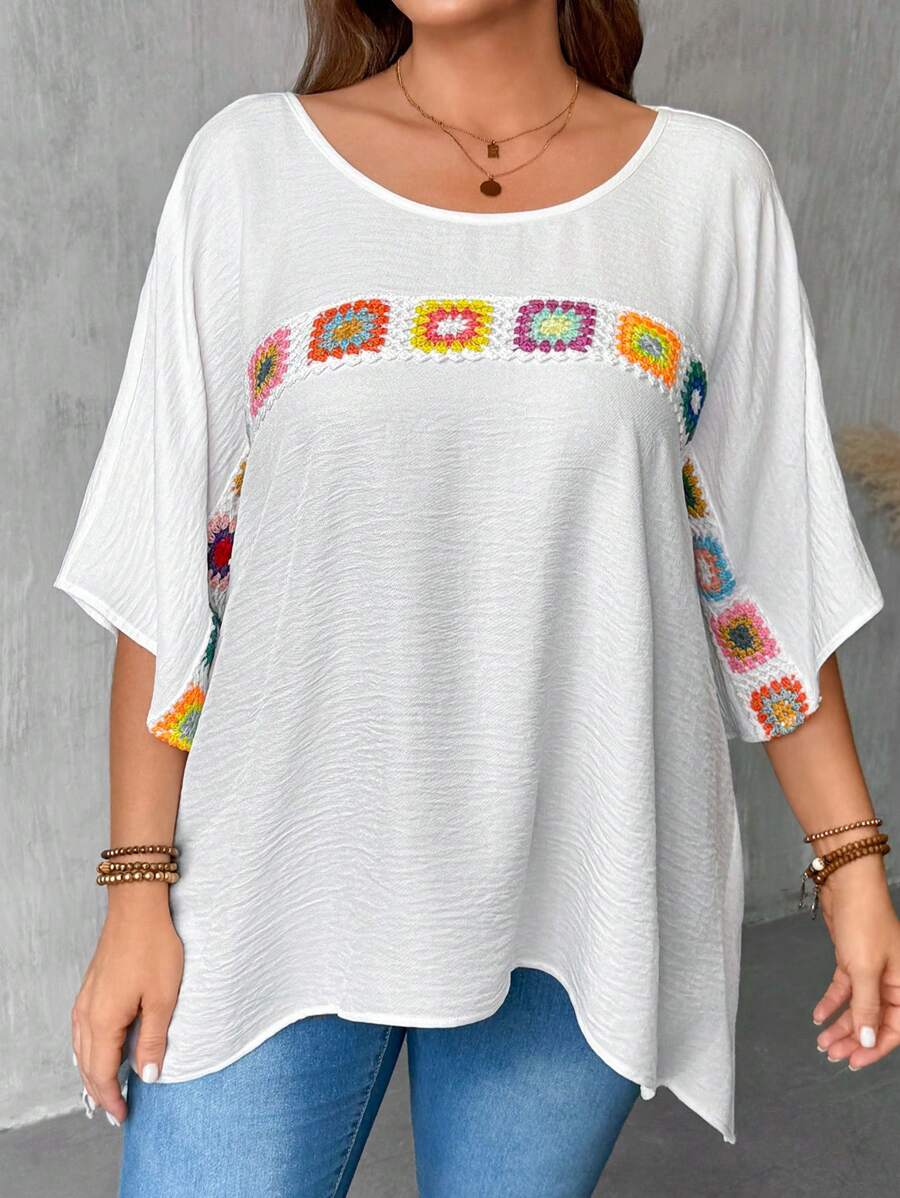 SHEIN LUNE Plus Size Women Casual Floral Pattern Crochet Patchwork Short Sleeve Round Neck Blouse - White - View 1