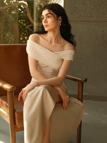 Chiquease Elegant Off-The-Shoulder Top In Slim-Fit Textured Knit Fabric - Apricot - View 7