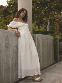 Aralina Summer Outfit Puff Sleeve V Neckline Flowy Vacation Maxi Dress - Multicolor - View 5