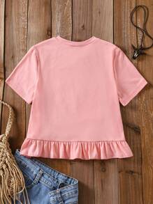 SHEIN Tween Girls Music Festival English Graphic Ruffle Hem Decorated T-Shirt, Fashion & Playful Design For Outdoor Activities And Daily Theme Parties, Spring & Summer