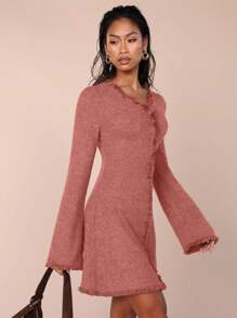 COSMINA Đầm mini đơn giản tối giản, tay dài, cài nút phía trước, tua rua cho nữ - Đỏ - Xem 5