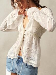 Bohemela Women's Solid Color Woven V-Neck Flared Sleeve Fitted Ruffle Trim Blouse - Beige - View 3