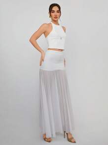 Aloruh Women Elegant Solid Open Back Halter Neck Top & Mesh Patchwork Skirt 2 Pieces Set - White - View 3