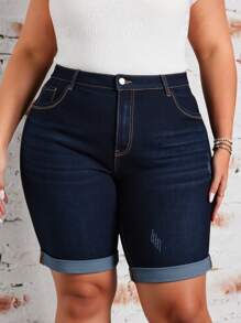 SHEIN CURVE+ Dehnbare Denim-Radfahrhose in Große Größen für Damen