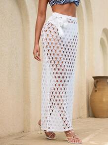 SHEIN Swim 女士优雅白色长款手工针织 3D 花卉图案海滩罩衫紧身裙