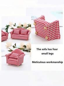 SHEIN 1pc 1:12 Mini Furniture Country Style Red & White Plaid Sofa Model Toy Christmas Decor,Doll Couch,Doll House Decor,Sylvanian Families