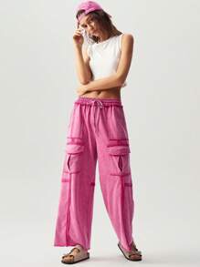 Bohemela Plus Size Solid Color Knitted Loose Cargo Pants,Vintage - Hot Pink - View 3