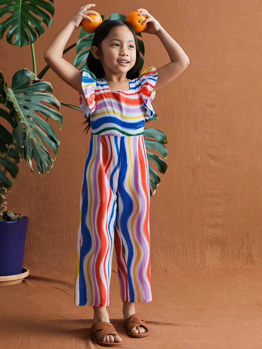 SHEIN Young Girls Cute Colorful Striped Cap Sleeve Loose Straight Leg Bodysuits & Jumpsuits, Resort & Party Styles - Multicolor - View 1