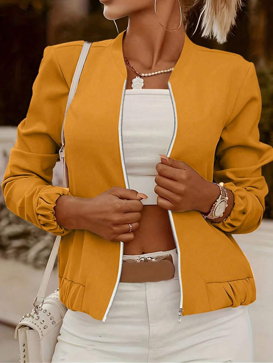 INAWLY Women's Short Basic Bomber Jacket, Lightweight For Spring Autumn Everyday Wear Fall Winter Cloth For Women - Yellow - View 1