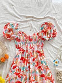 Soleia 大码女式度假花卉印花泡泡袖荷叶边下摆浪漫婚礼派对毕业休闲返校单身女郎复古夏季橙色热带印花连衣裙 - 彩色 - 查看 5