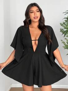 SHEIN Clasi Plus Size Solid Color Short Sleeve Wide Strap Casual Loose Jumpsuit - Black - View 4