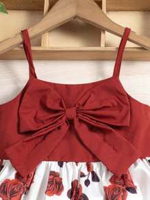 女童花卉印花无袖吊带连衣裙，夏季 - 紅色 - 查看 4