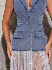 Vixey Stretch Denim Double Breast Fringe Hem Long Line Vest, Boho, Boho Women Western Wear Women, Cowgirl For Women, Concert Women, Country Women, Streetwear For Women, Country Concert, Festival - Light Wash - View 5