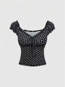 ROMWE Kawaii Top sin mangas con cuello en V, decorado con lazo y paneles de encaje a lunares, y falda a juego. Conjunto de verano versátil y favorecedora para mujer de dos piezas