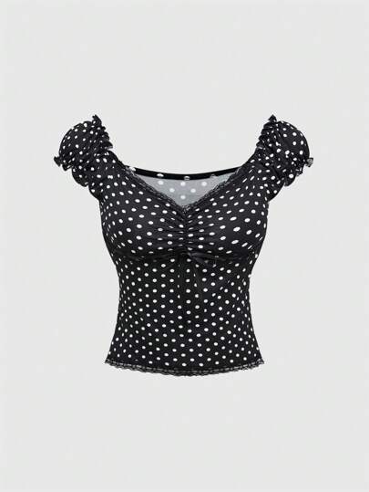 Kawaii V-Neck Bowknot Decor Colorblock Polka Dot Lace Panel Sleeveless Top And Skirt, Flattering & Versatile Summer Outfit Two Pieces Outfit Women Skirt
