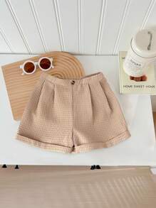 SHEIN LMoss Kids LMoss 女婴夏季纯色松紧腰休闲短裤 - 卡其色 - 查看 2