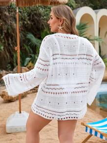 Swim Lushoire 1pc White Hollow Knit Front Tie Cover Up Dress For Plus Size Women, Summer Beach Vacation Wear - White - View 2