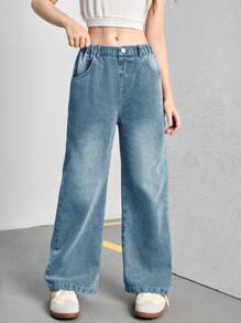Tween Girls Light Washed Relaxed Straight Leg Jeans, Casual & Versatile Minimalist Design, Suitable For Daily Wear - Medium Wash - View 3
