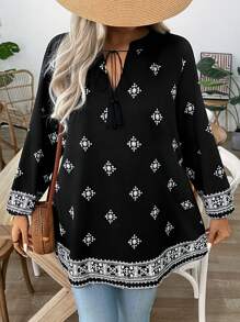 SHEIN LUNE Women's V-Neck Tie Lantern Sleeve Long Sleeve Fashionable Printed Versatile Plus Size Blouse