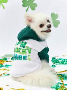 PETSIN 宠物圣帕特里克节口号印花运动衫，绿色和白色拼接连帽宠物运动衫