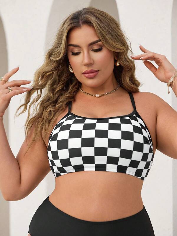 Swim Lushoire Women's Black And White Checkerboard Print Plus Size Bikini Top, Summer Beach Vacation