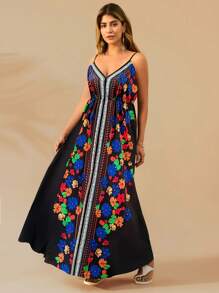 SHEIN Clasi Plus Size Floral Print Patchwork Spaghetti Strap Dress - Multicolor - View 6