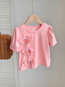 SHEIN Baby Girls Cute Pink Bowknot Short Sleeve Blouse For Summer - Pink - View 7