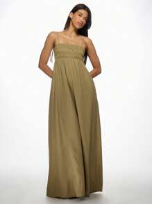 MISSGUIDED Ruched Bust Empire Waist Linen Maxi Dress Resort Vacation Sleeveless Summer Beach Evening Garden Party Wedding Guest Boho Sundress Christmas - Green - View 6