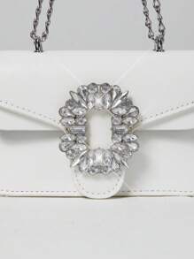 Mini Rhinestone Decoration Shoulder Bag, Fashionable PU Flap With Metal Chain Strap Clutch For Women Winter Gifts - White - View 4
