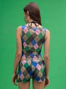 COUREZ Top de verano con cuello con corte y estampado de argyle vintage Y2K
