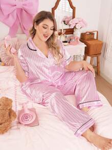 SweetSlumber 条纹翻领缎面大码睡衣套装 - 粉色 - 查看 5