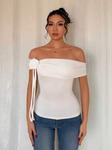 Chiquease High-End Charming Elegant Flower Ribbon Off Shoulder Open Shoulder Sexy Short Sleeves