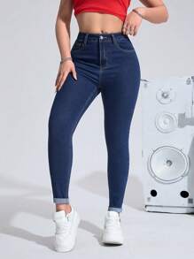 SHEIN Essnce Casual Solid Color Simple Fashion Everyday Denim Jeans