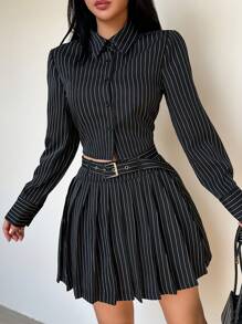 INAWLY Striped Print Crop Shirt & Pleated Skirt Fall Cloth For Women - Black - View 3