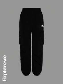 SHEIN Teen Girl Letter Print Cargo Pocket Drawstring Jogger Pants - Black - View 4