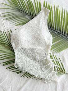 Soleia Women's Vacation Asymmetric Lace Crochet Drawstring Ruffled Slit Dress, Romantic For Valentine's Day And Party - White - View 3