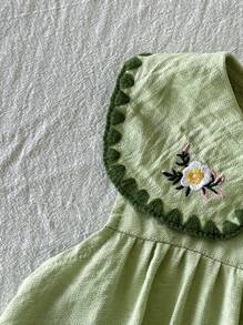 Vintaside Kids Young Girl Floral Embroidered Sleeveless Casual Dress With Peter Pan Collar - Olive Green - View 7