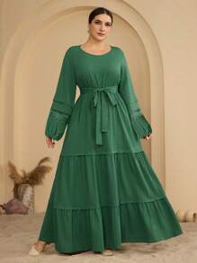 Graceveil Plus Size Women Solid Color Round Neck Flare Sleeve Elegant Dress - Dark Green - View 6