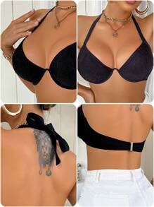Swim DD+ Women's Solid Color Sexy Halter Bikini Top For Summer Beach Vacation - Black - View 8