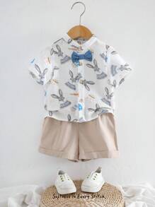 Cozy Pixies 2pcs Baby Boy Cartoon Animal Print Polo Collar Short Sleeve Top And Elastic Waist Shorts Set - Khaki - View 1