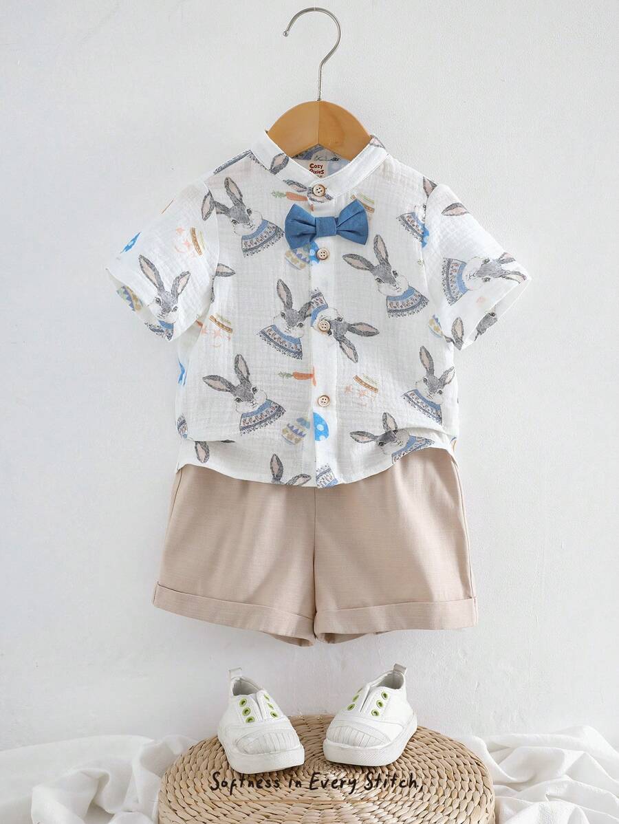 Cozy Pixies 2pcs Baby Boy Cartoon Animal Print Polo Collar Short Sleeve Top And Elastic Waist Shorts Set - Khaki - View 1