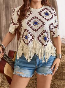 SHEIN LUNE Große Größen Lässig Geometrisches Muster Quasten Saum T-Shirt Sommer für Frauen & Urlaub Frau & Rave Festival mit Fransen Saum Konzert Frauen Boho/Bohemian Sommer Tops Sommer Neues Design Frauen Boho/Boho Sommer Neues Design - Schwarz - Übersicht 2