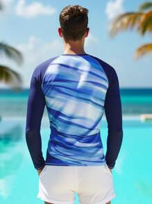 Manfinity Swimmode Men's Long Sleeve Swim Shirt: Blue Wave Print Rashguard For Beach And Surfing Men Swim Trunks - Blue - View 2