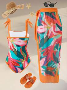 Swim Oasis Conjunto de 2 piezas de talla grande - Traje de baño de una pieza sexy con estampado floral y falda de malla de cintura alta para playa, conjunto elegante de ropa de baño de una pieza para vacaciones de verano