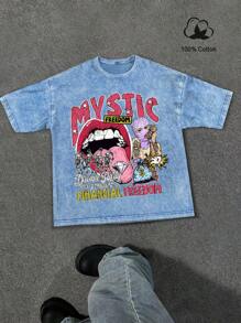 Manfinity EMRG Loose Men Slogan & Angel Print Drop Shoulder Basketball Jersey Style T-Shirt - Blue - View 1